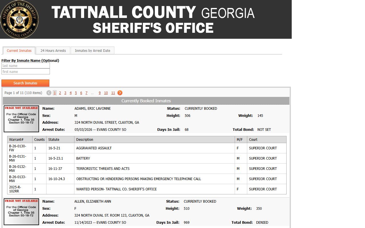 Evans County arrest records and court charges current inmate roster fields
