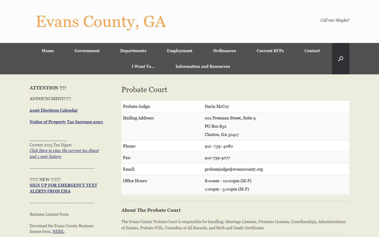 Evans County Probate Court records official county page